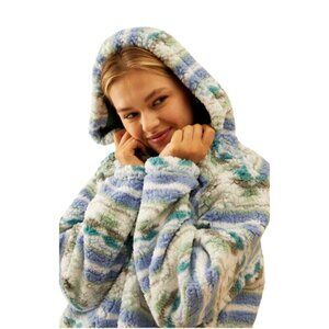 PacSun Royal Sherpa Hoodie | Blue, White, Green | Fuzzy Jacket Coat, Med